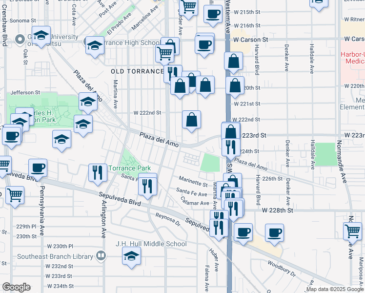 map of restaurants, bars, coffee shops, grocery stores, and more near 1812 Plaza del Amo in Torrance