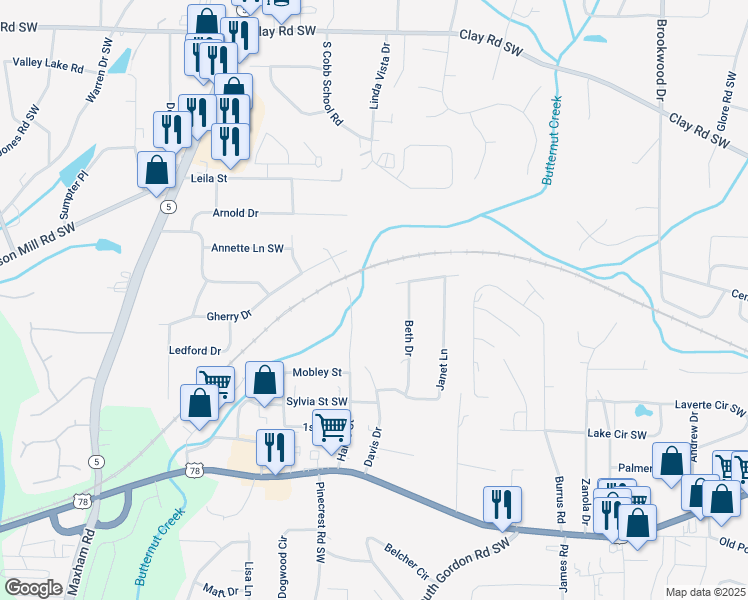map of restaurants, bars, coffee shops, grocery stores, and more near 5320 Beth Drive in Austell