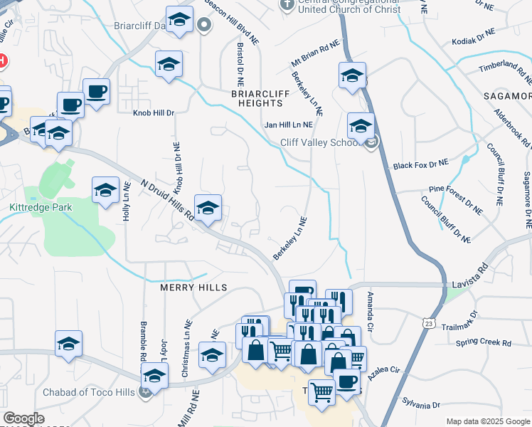 map of restaurants, bars, coffee shops, grocery stores, and more near 827 Druid Oaks Northeast in Atlanta