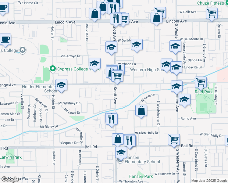 map of restaurants, bars, coffee shops, grocery stores, and more near 3501 West Mungall Drive in Anaheim