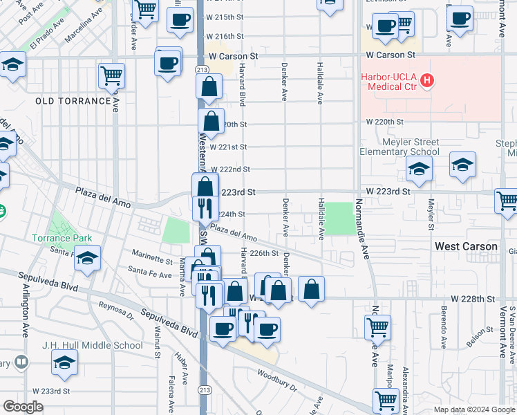 map of restaurants, bars, coffee shops, grocery stores, and more near 1549 West 224th Street in Torrance