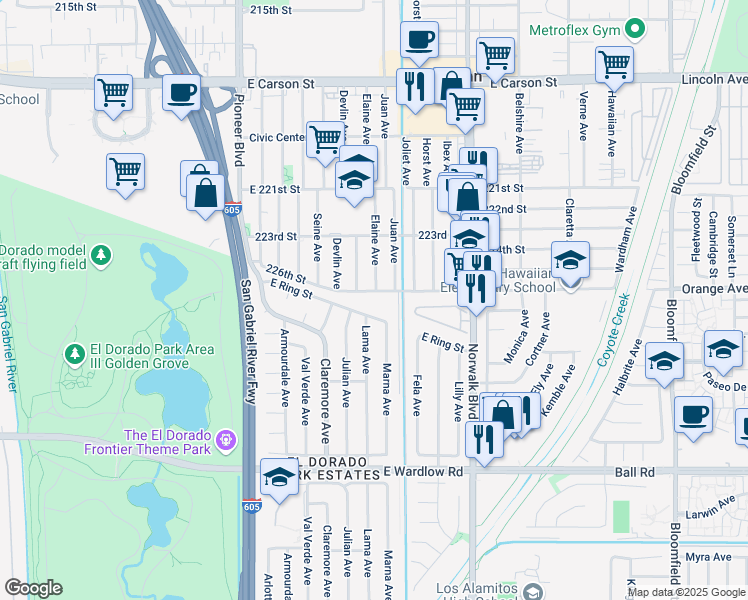 map of restaurants, bars, coffee shops, grocery stores, and more near 12030 226th Street in Hawaiian Gardens