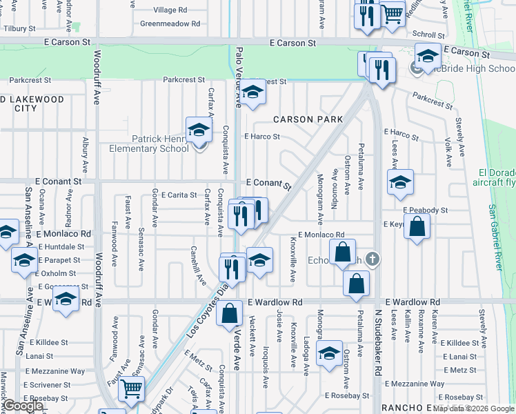 map of restaurants, bars, coffee shops, grocery stores, and more near 3650 Hackett Avenue in Long Beach