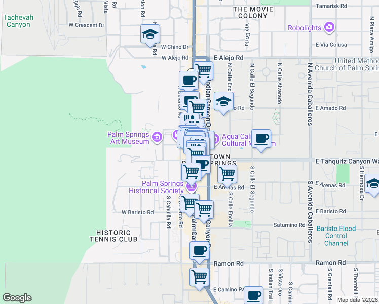 map of restaurants, bars, coffee shops, grocery stores, and more near 111 North Palm Canyon Drive in Palm Springs