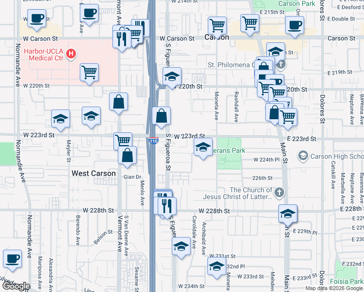 map of restaurants, bars, coffee shops, grocery stores, and more near 434 West 223rd Street in Carson