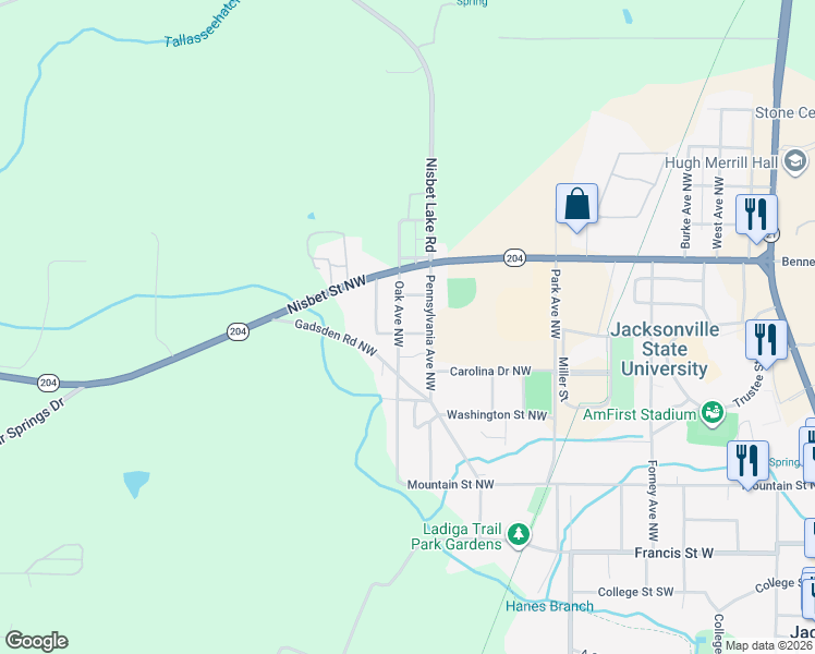 map of restaurants, bars, coffee shops, grocery stores, and more near 404 Oak Avenue Northwest in Jacksonville