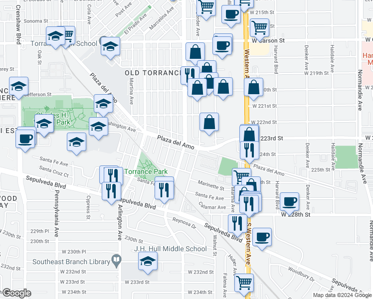 map of restaurants, bars, coffee shops, grocery stores, and more near 1888 Plaza del Amo in Torrance