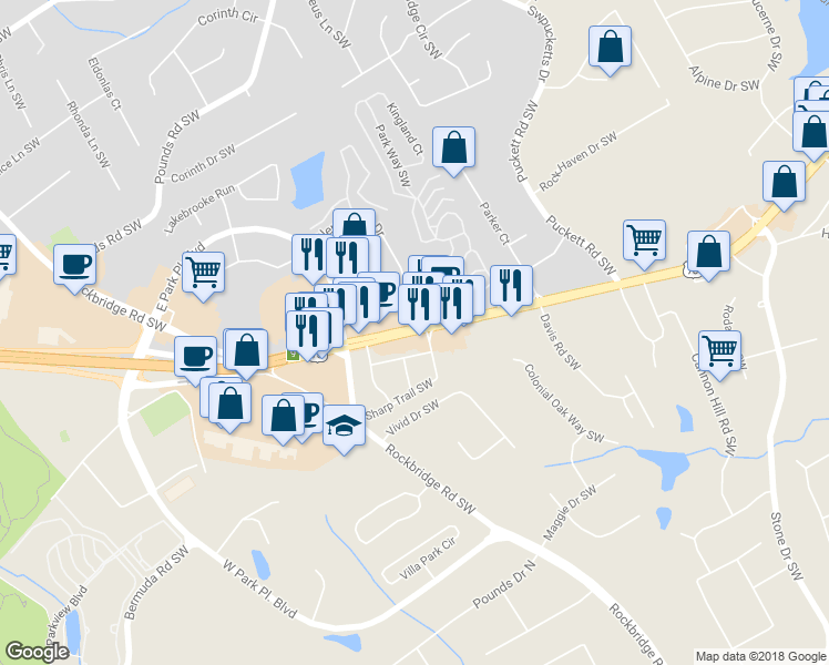 map of restaurants, bars, coffee shops, grocery stores, and more near 5220 Stone Mountain Highway in Stone Mountain