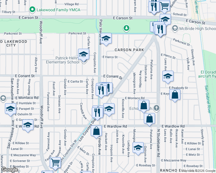 map of restaurants, bars, coffee shops, grocery stores, and more near 3650 Hackett Avenue in Long Beach