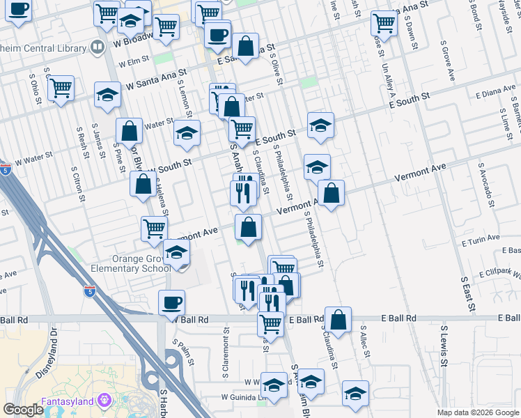 map of restaurants, bars, coffee shops, grocery stores, and more near 123 East Vermont Avenue in Anaheim