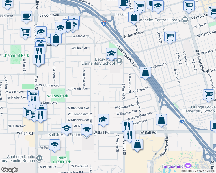 map of restaurants, bars, coffee shops, grocery stores, and more near 1418 West Apollo Avenue in Anaheim