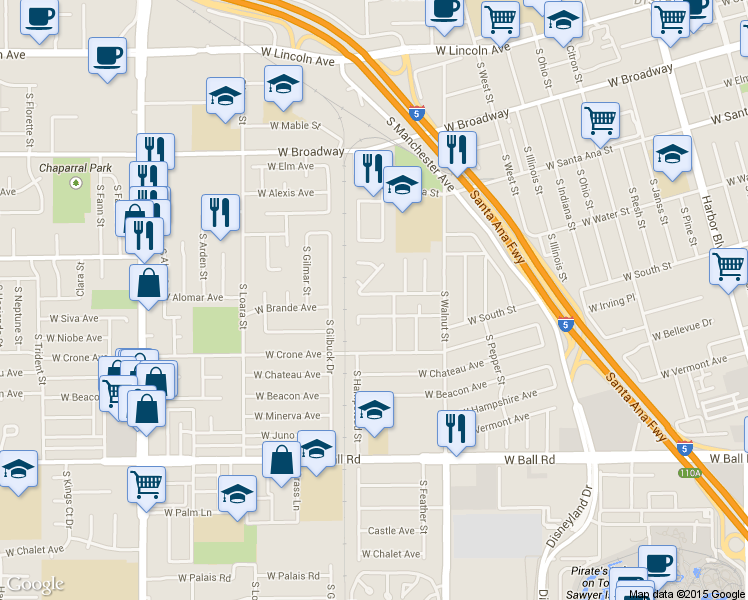 map of restaurants, bars, coffee shops, grocery stores, and more near 1418 West Apollo Avenue in Anaheim
