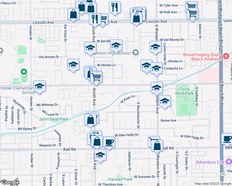 map of restaurants, bars, coffee shops, grocery stores, and more near 3340 West Orange Avenue in Anaheim