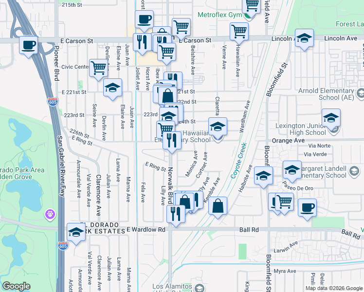 map of restaurants, bars, coffee shops, grocery stores, and more near 8101 East Token Street in Long Beach