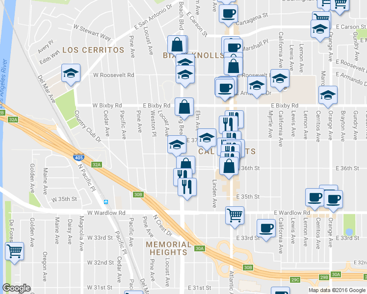 map of restaurants, bars, coffee shops, grocery stores, and more near 3646 Long Beach Boulevard in Long Beach