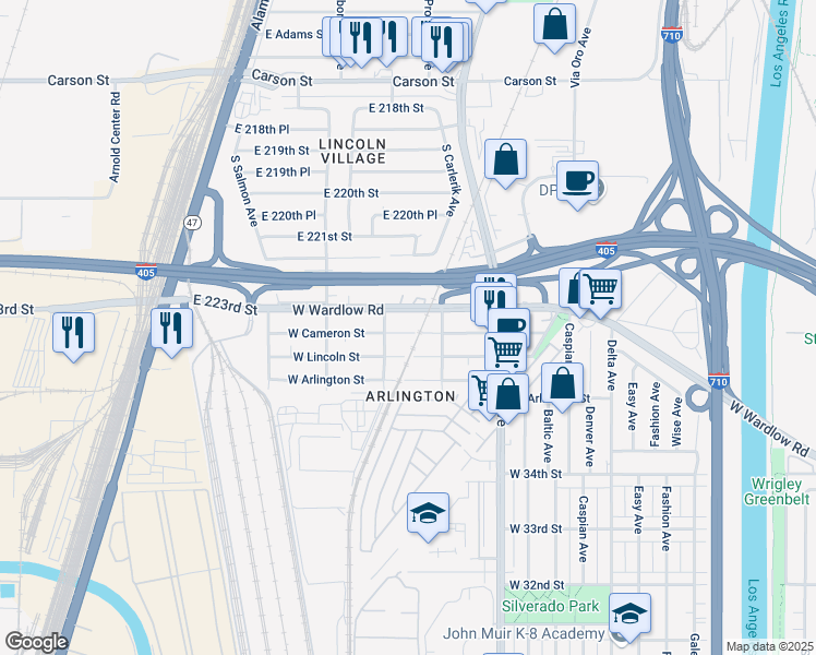 map of restaurants, bars, coffee shops, grocery stores, and more near 2021 West Cameron Street in Long Beach