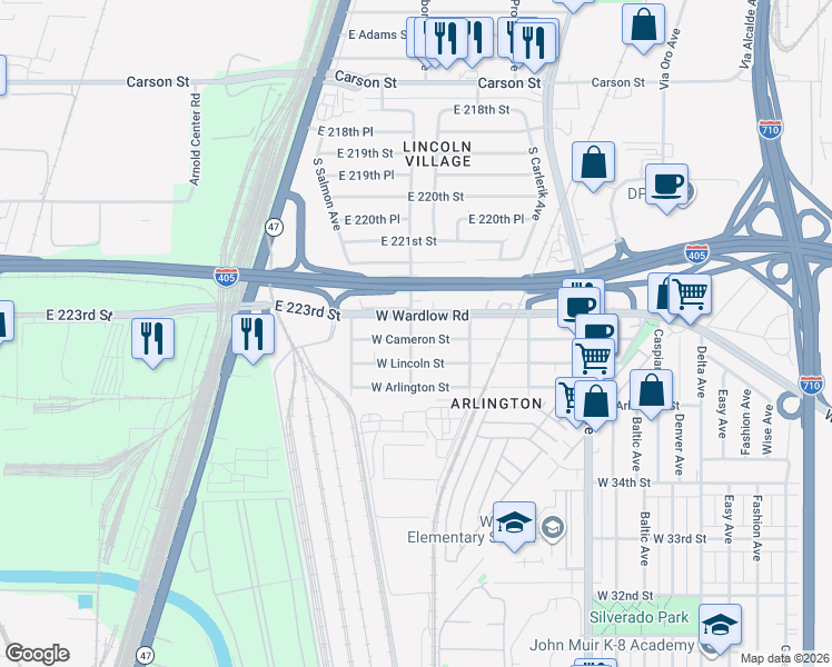 map of restaurants, bars, coffee shops, grocery stores, and more near 3649 River Avenue in Long Beach