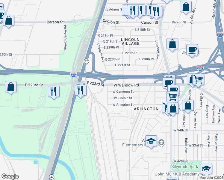 map of restaurants, bars, coffee shops, grocery stores, and more near 2425 West Cameron Street in Long Beach