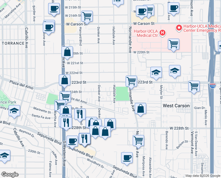 map of restaurants, bars, coffee shops, grocery stores, and more near 1415 West 224th Street in Torrance