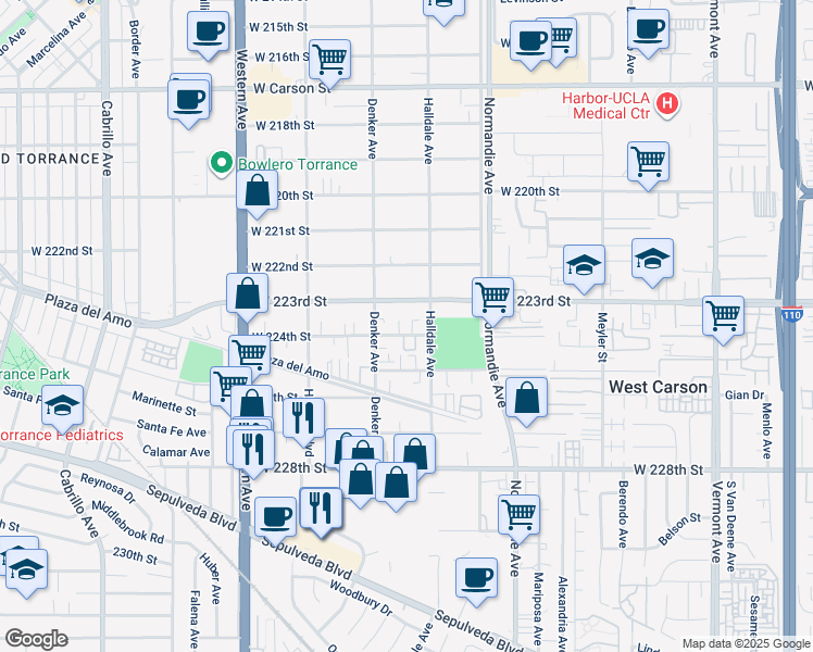 map of restaurants, bars, coffee shops, grocery stores, and more near 1415 West 224th Street in Torrance