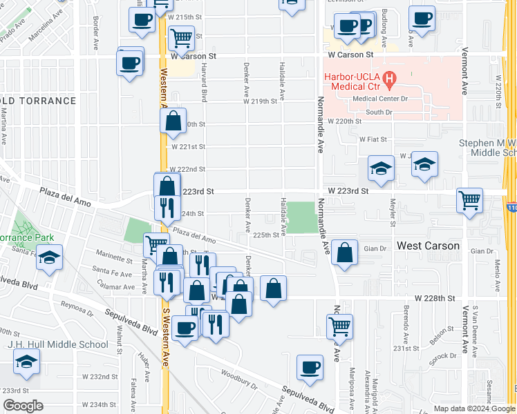 map of restaurants, bars, coffee shops, grocery stores, and more near 22328 Denker Avenue in Torrance