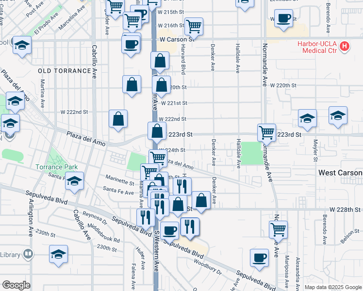 map of restaurants, bars, coffee shops, grocery stores, and more near 1603 West 224th Street in Torrance