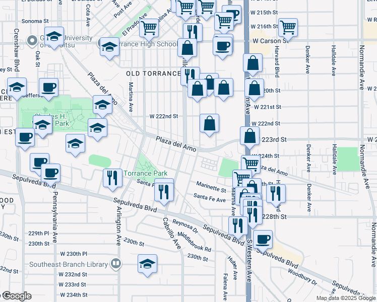 map of restaurants, bars, coffee shops, grocery stores, and more near 1872 Plaza del Amo in Torrance