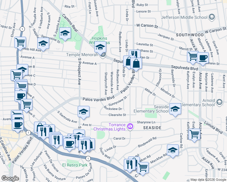 map of restaurants, bars, coffee shops, grocery stores, and more near 22519 Warmside Avenue in Torrance
