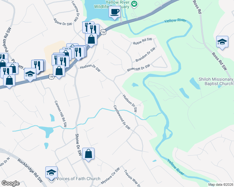 map of restaurants, bars, coffee shops, grocery stores, and more near 2315 Hudson Drive Southwest in Lilburn