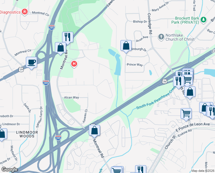 map of restaurants, bars, coffee shops, grocery stores, and more near 3583 Canadian Way in Tucker