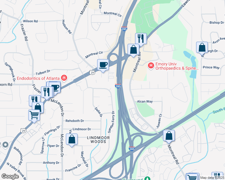 map of restaurants, bars, coffee shops, grocery stores, and more near 1461 Sanden Ferry Drive in Decatur
