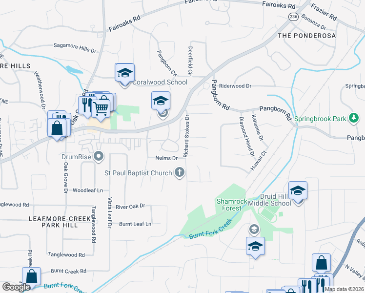 map of restaurants, bars, coffee shops, grocery stores, and more near 1428 Oakridge Circle in Decatur