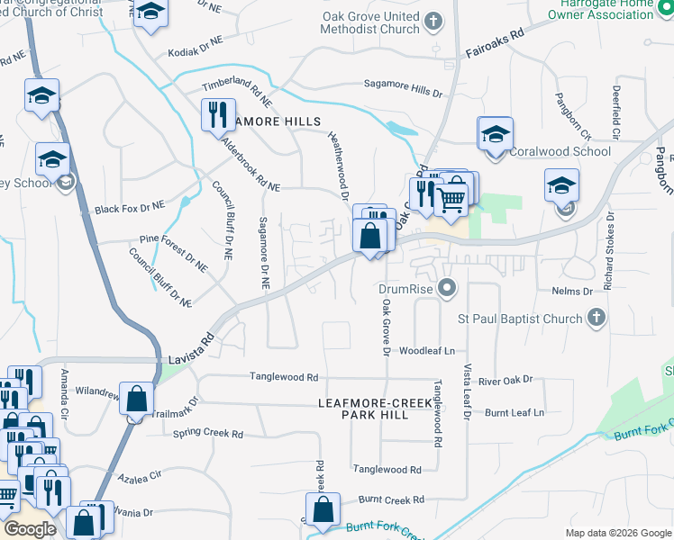 map of restaurants, bars, coffee shops, grocery stores, and more near 1473 Hampton Glen Court in Decatur