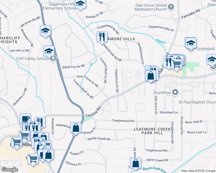 map of restaurants, bars, coffee shops, grocery stores, and more near 1475 Council Bluff Drive Northeast in Atlanta