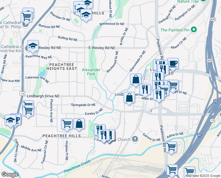 map of restaurants, bars, coffee shops, grocery stores, and more near 2517 Birchwood Drive Northeast in Atlanta