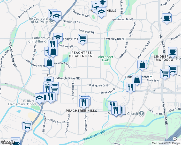map of restaurants, bars, coffee shops, grocery stores, and more near 2515 Forrest Way Northeast in Atlanta