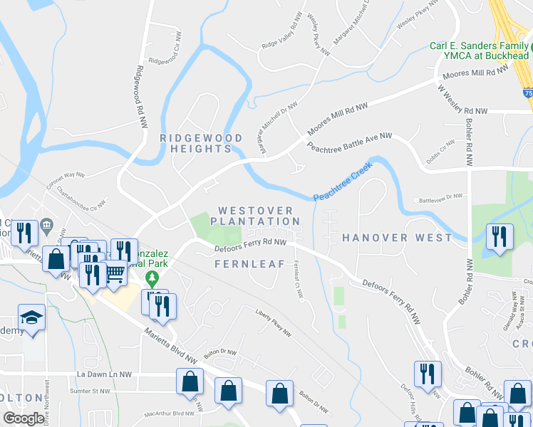 map of restaurants, bars, coffee shops, grocery stores, and more near 1 North Boundary Place Northwest in Atlanta