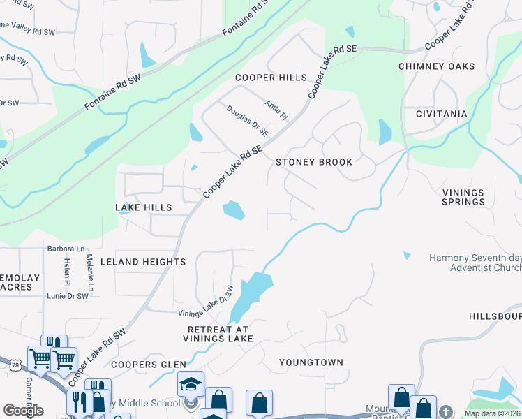 map of restaurants, bars, coffee shops, grocery stores, and more near 5339 Saint Martins Court Southeast in Mableton