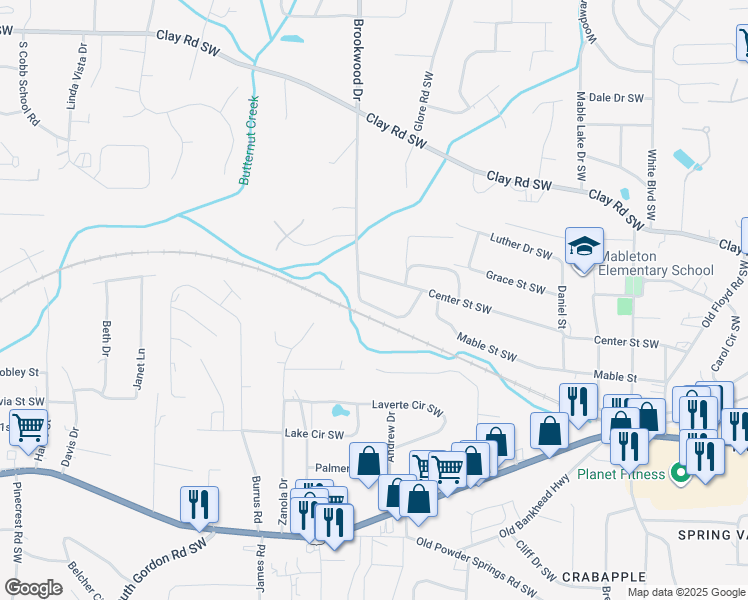 map of restaurants, bars, coffee shops, grocery stores, and more near 1306 Stella Circle Southwest in Mableton