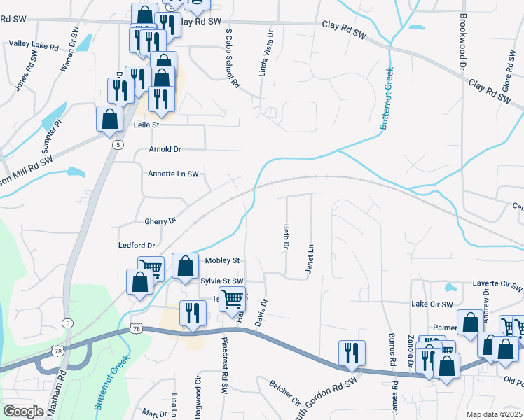 map of restaurants, bars, coffee shops, grocery stores, and more near 5320 Beth Drive in Austell