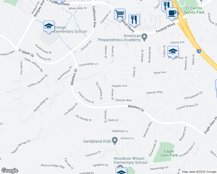 map of restaurants, bars, coffee shops, grocery stores, and more near Hayden Avenue in Corona