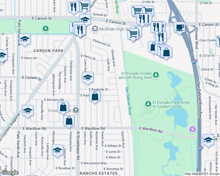 map of restaurants, bars, coffee shops, grocery stores, and more near 7129 East Peabody Street in Long Beach
