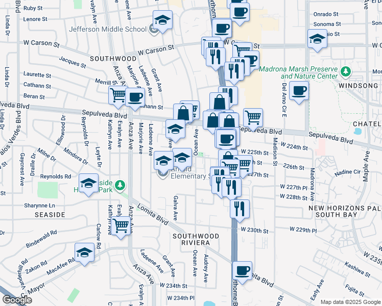 map of restaurants, bars, coffee shops, grocery stores, and more near 3919 226th Street in Torrance