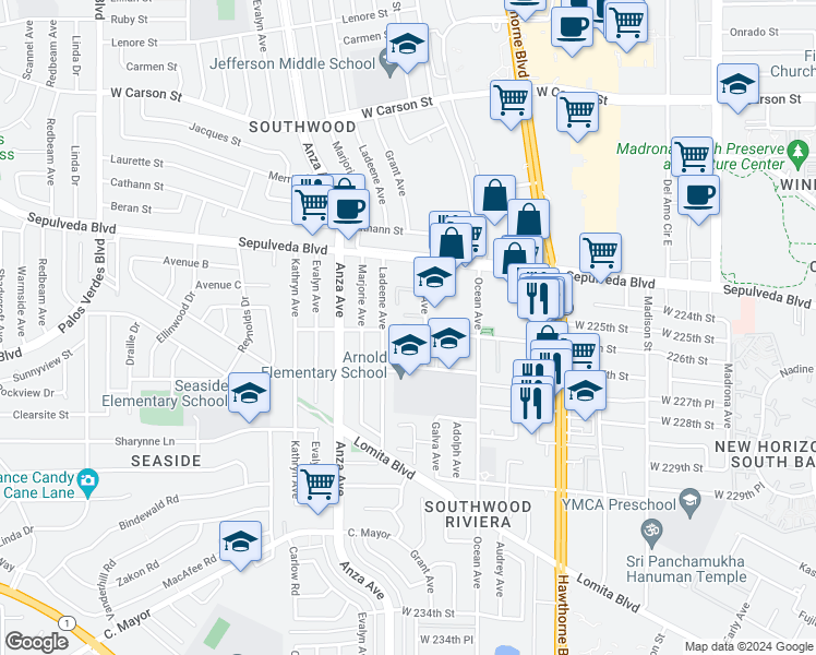 map of restaurants, bars, coffee shops, grocery stores, and more near 22549 Kent Avenue in Torrance