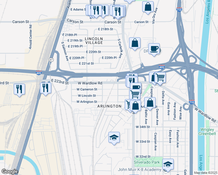 map of restaurants, bars, coffee shops, grocery stores, and more near 2021 West Cameron Street in Long Beach