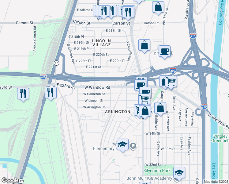 map of restaurants, bars, coffee shops, grocery stores, and more near 2021 West Cameron Street in Long Beach