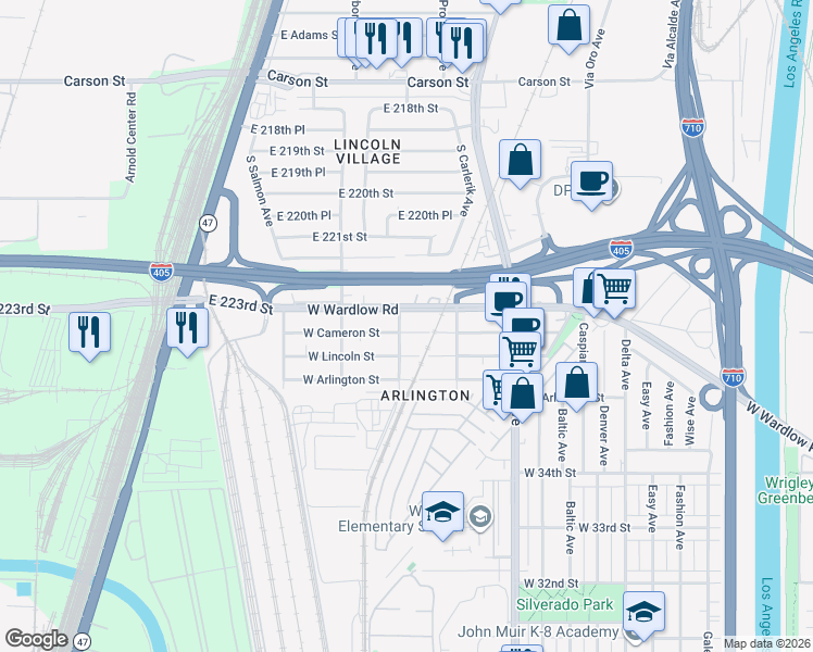 map of restaurants, bars, coffee shops, grocery stores, and more near 2021 West Cameron Street in Long Beach
