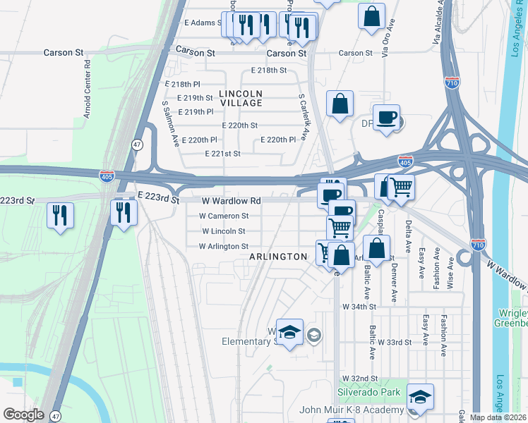 map of restaurants, bars, coffee shops, grocery stores, and more near 2021 West Cameron Street in Long Beach