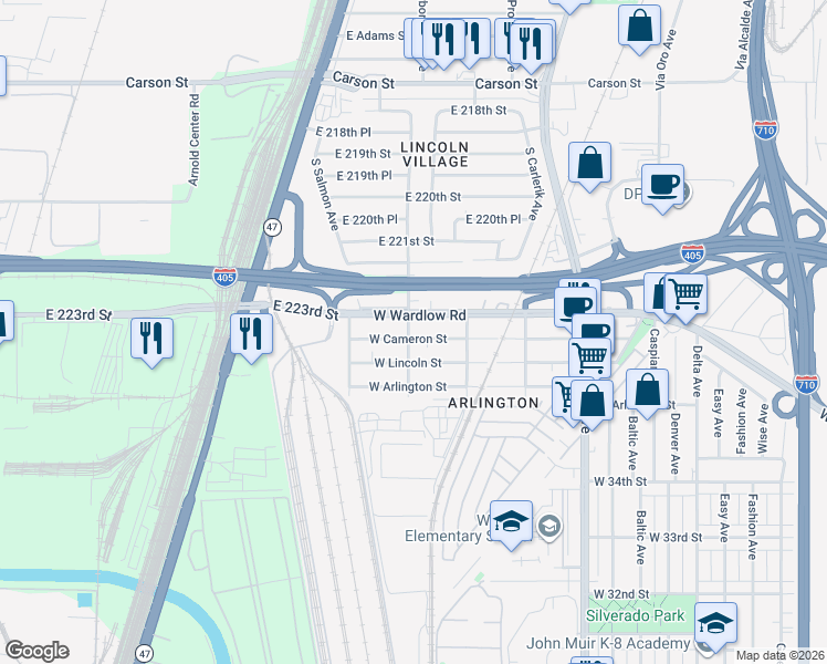 map of restaurants, bars, coffee shops, grocery stores, and more near 3649 River Avenue in Long Beach