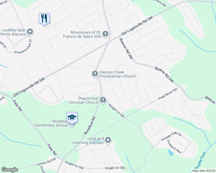 map of restaurants, bars, coffee shops, grocery stores, and more near 4061 Edenbrooke Circle Southwest in Loganville